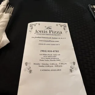 the menu for the restaurant