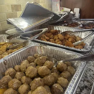 Meatballs, pierogis, wings and bbq ribs.