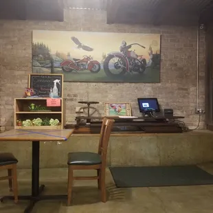 a table and chairs in a restaurant