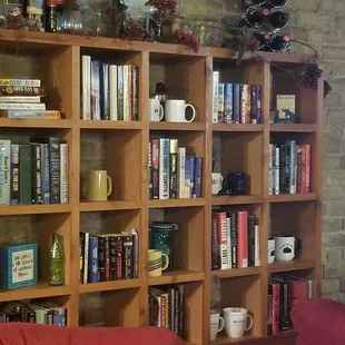 a bookshelf filled with books