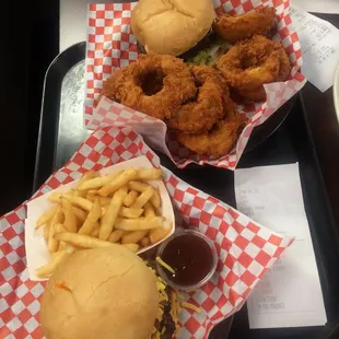 Massive onion rings and burgers