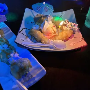 My birthday desert! Fried mochi ice cream sushi and fried banana