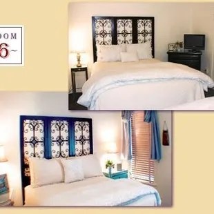 the matching queen-size beds in room 6