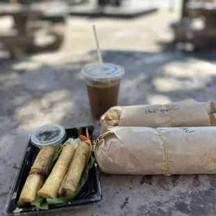 Fried Egg Rolls, Pork Belly Banh Mi, Pate Cha Lau Banh Mi and Vietnamese Ice Coffee.