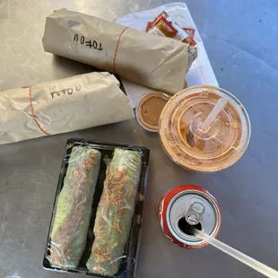 pesto tofu bahn mi, vietnamese coffee, spring rolls with tofu