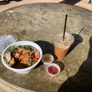 Pork belly noodle bowl and Vietnamese iced coffee