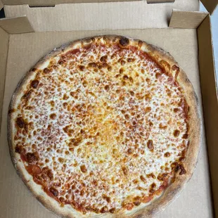 a cheese pizza in a box