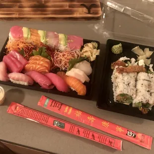 Nigiri &amp; Sashimi Combo (5 nigiri, 9 sashimi &amp; ROY G BIV roll) // Shrimp tempura roll