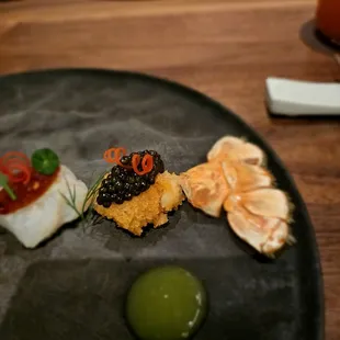 Langoustine- 3 Ways. Just alright. Liked the meyong/pollock roe the pollack along with the spicy version the most