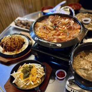 Spicy Sausage Stew (Army Stew), Cheese Nacho and French Fries, Fried chicken w/ corn cheese and spicy noodle