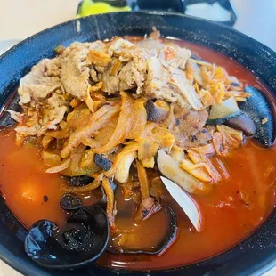 Chadol Jjampong: (Spicy Seafood Noodle Soup with added beef brisket). Delicious!