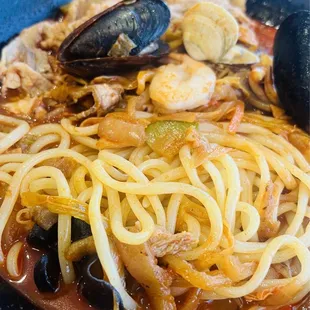 Chadol Jjamppong (Spicy Seafood Noodle Soup with added beef brisket); chewy al dente noodles.