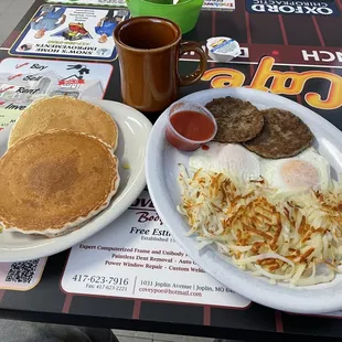 Sausage and eggs with pancakes $7.49.