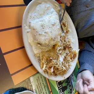 Biscuits Benedict biscuits and gravy with eggs meat and hash browns. If you aren't drooling, you should be.