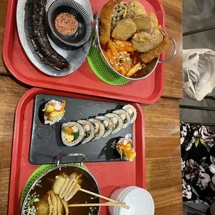 a variety of food items on trays