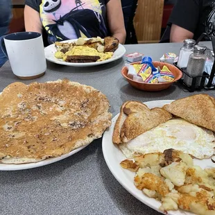 pancakes, eggs, and potatoes