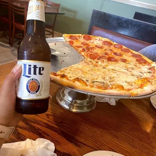 Half pepperoni and half mushroom pizza, was SO good with a beer