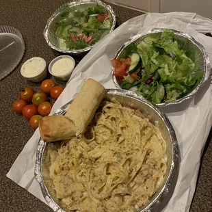 Salad and chicken Alfredo