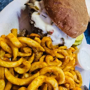 Guiness 1/2 lb Burger and curly fries
