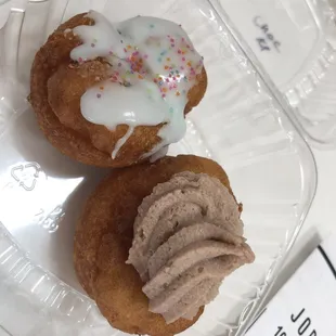 Chocolate iced and blueberry glazed mini donuts