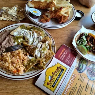 Chilaquiles in Salsa Verde marvelous Yummy , Al Pastor Tacos  and Chicken Strips