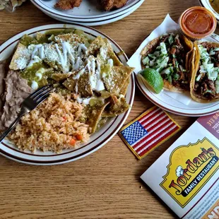 Chilaquiles in Salsa Verde marvelous Yummy , Al Pastor Tacos  and Chicken Strips