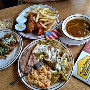 Chilaquiles in Salsa Verde marvelous Yummy , Al Pastor Tacos  and Chicken Strips