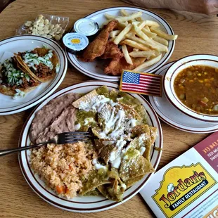 Chilaquiles in Salsa Verde marvelous Yummy , Al Pastor Tacos  and Chicken Strips