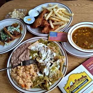 Chilaquiles in Salsa Verde marvelous Yummy , Al Pastor Tacos  and Chicken Strips
