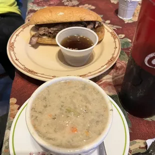 Cup of potato soup, French Dip Sandwich