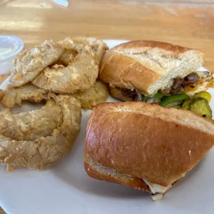 Philly Steak and homemade onion rings