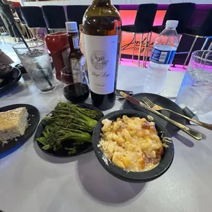 Mac and Cheese , Brocolini , Good Red Wine