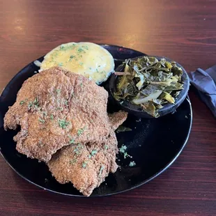 Catfish, Greens and Dressing with gravy on top