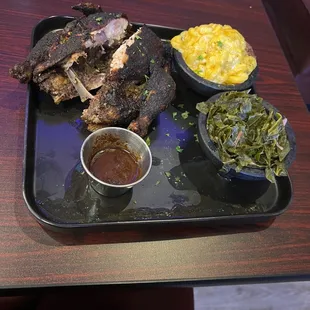 Jerked Cornish Hen, Collard Greens and Mac and Cheese