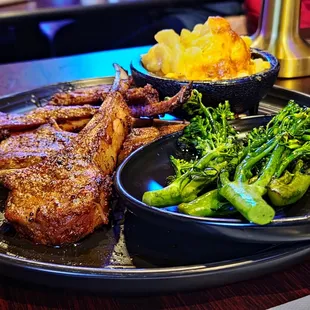 Lamb Chops, Broccoli, Macaroni and Cheese