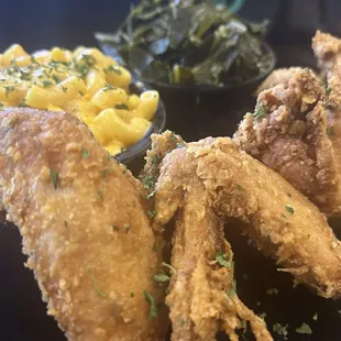 Fried chicken, collard greens, and Mac n cheese