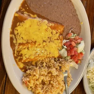 Cheese enchiladas with rice and beans