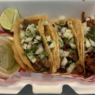 Tacos:  birria, lengua, pastor (l-r)