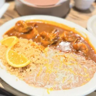 Diablo shrimp, rice and beans