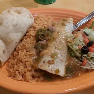 Taco, burrito and rice plate