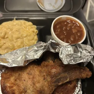 Fried Pork Chop, Mac 'n Cheese, Baked Beans