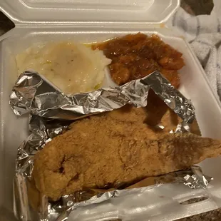 2 big pieces whiting fish, mashed potatoes, and sweet potatoes.