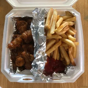 Sweet chili wings and fries.