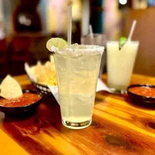 House margaritas. One on the rocks and one frozen.