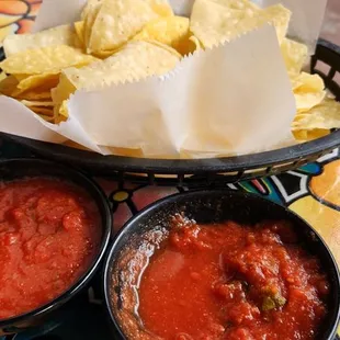two bowls of salsa and chips