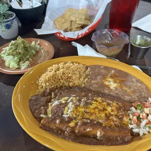 Enchiladas with yummy chile con carne.