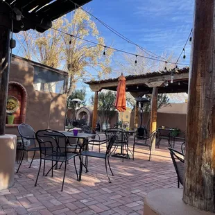 Outside patio area with heaters.