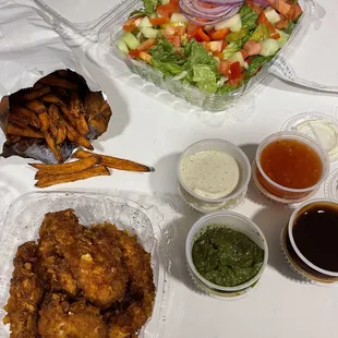 Sweet Potato Fries, Cornflake Chicken Fingers, and Health Salad
