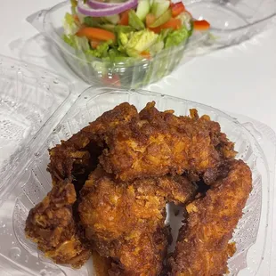 Side Small Health Salad and Cornflake Chicken Fingers. Heard their sauces were good so was disappointed to find no sauce or dressing.