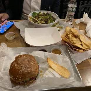 Spicy burger, steak over salad and Joseph's fries